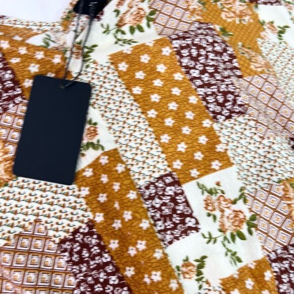 Heyson Blouse Womens Medium Brown Floral Cropped Smocked new western patchwork - Picture 3 of 9